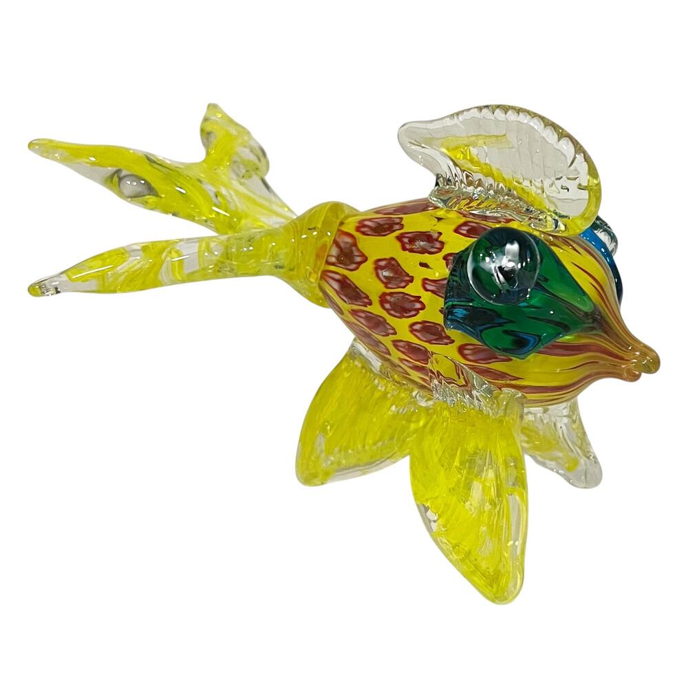 Blown Art Glass Fish Figurine Murano-Style Yellow Green and Red Blue Colorful 7”